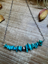 Load image into Gallery viewer, Turquoise Chip Necklace – Sterling Silver Pearl Accent – Paperclip Chain