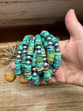 Load image into Gallery viewer, Turquoise Heishi & Sterling Silver Bracelet – 6.5 Inch + Extender – 8 mm Pearls