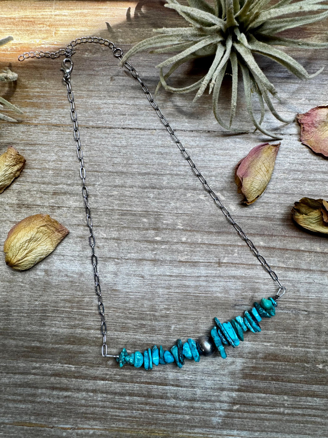 Turquoise Chip Necklace – Sterling Silver Pearl Accent – Paperclip Chain