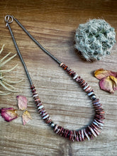 Load image into Gallery viewer, 22 Inch graduated necklace more purple and orange spiny and sterling silver pearls
